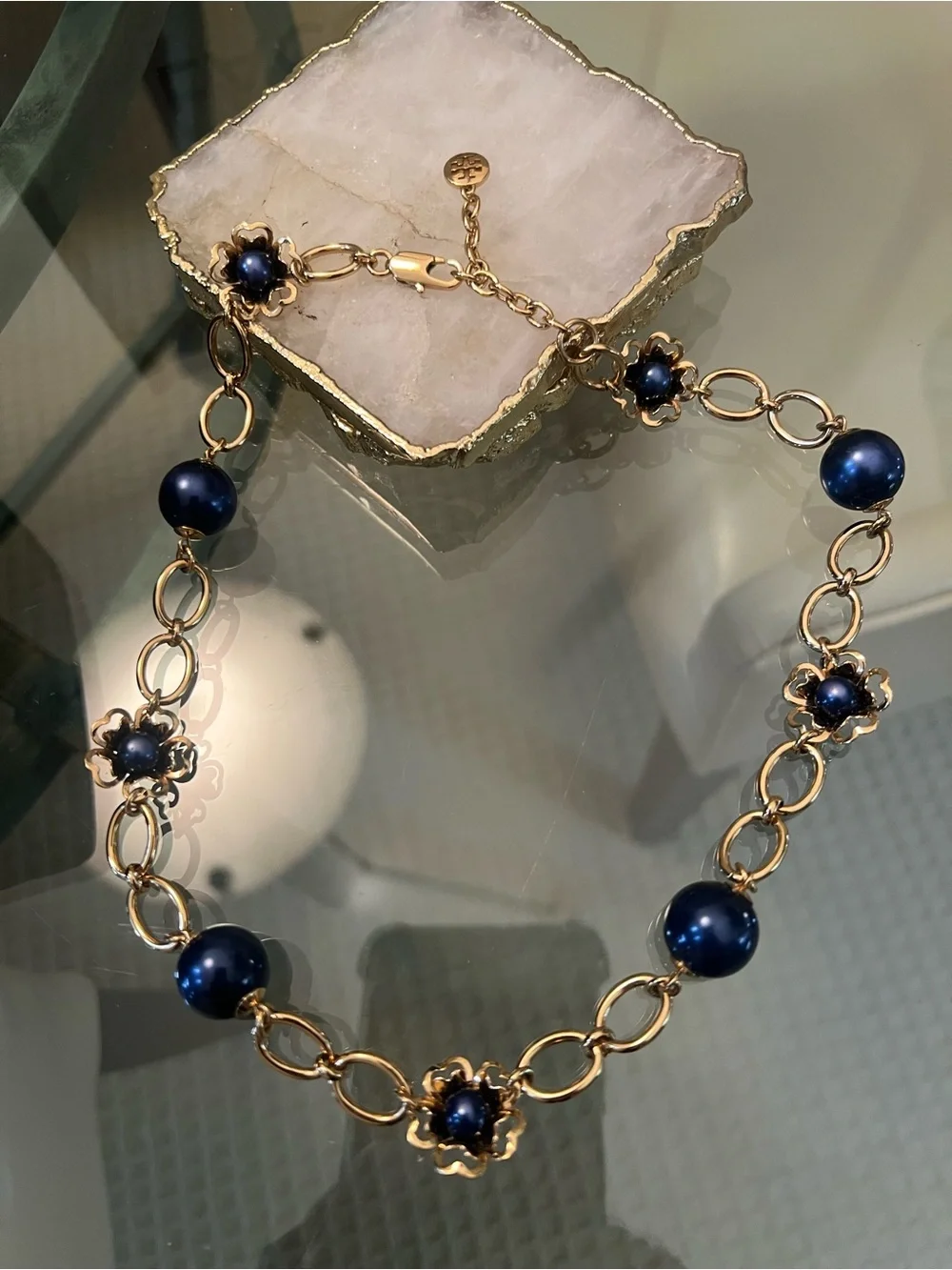 Tory Burch Gold Chain Bracelet with Navy Blue Beads
